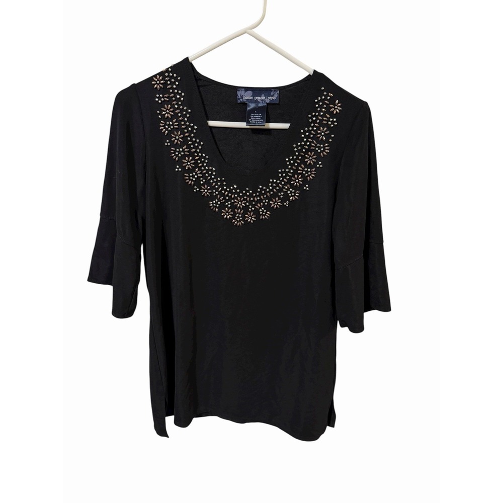 Susan Graver Style Size Small Black Beaded‎ Blouse
